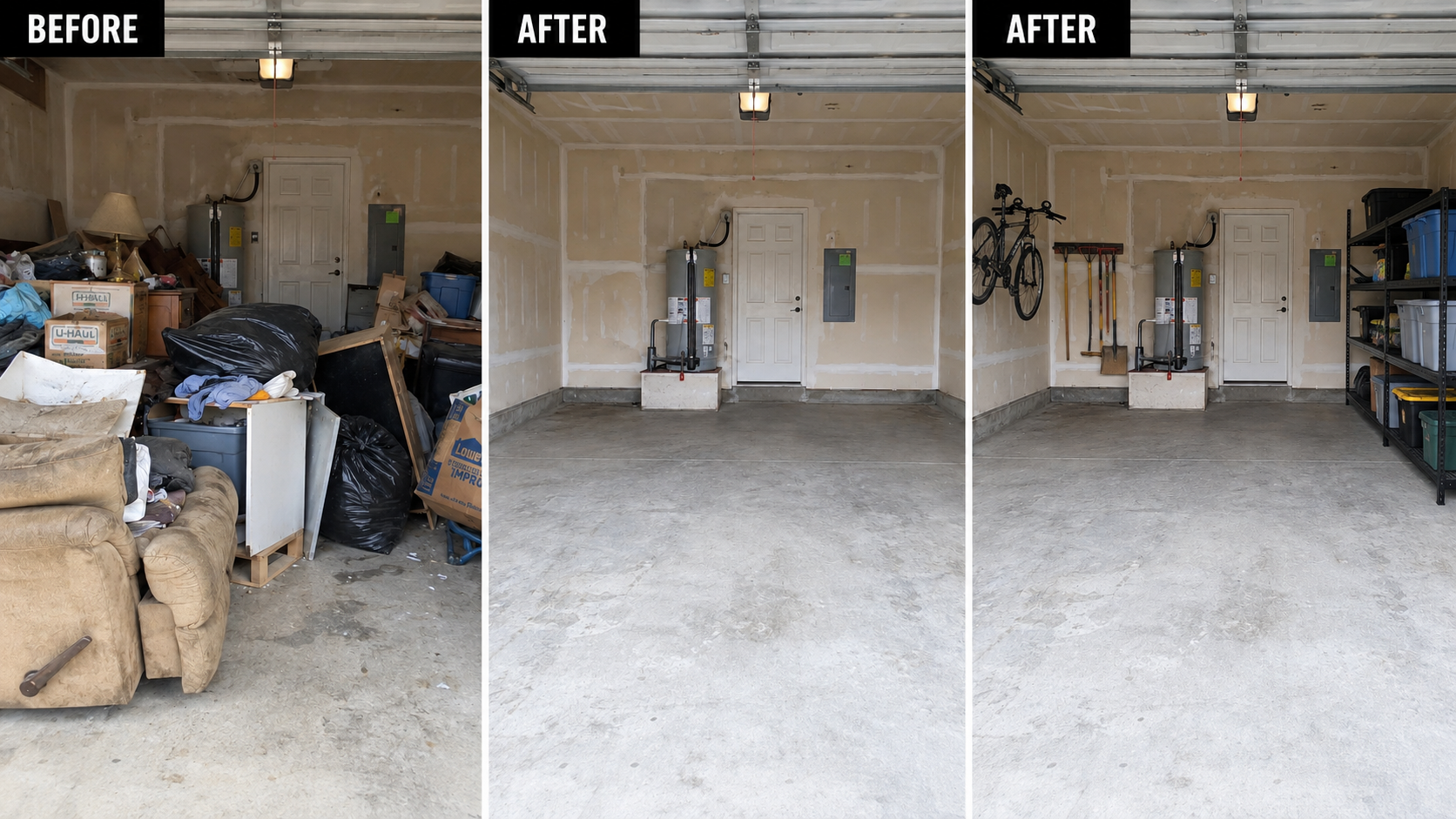 Before and after garage transformation in Central Florida — cluttered garage, empty cleanout, and organized final result