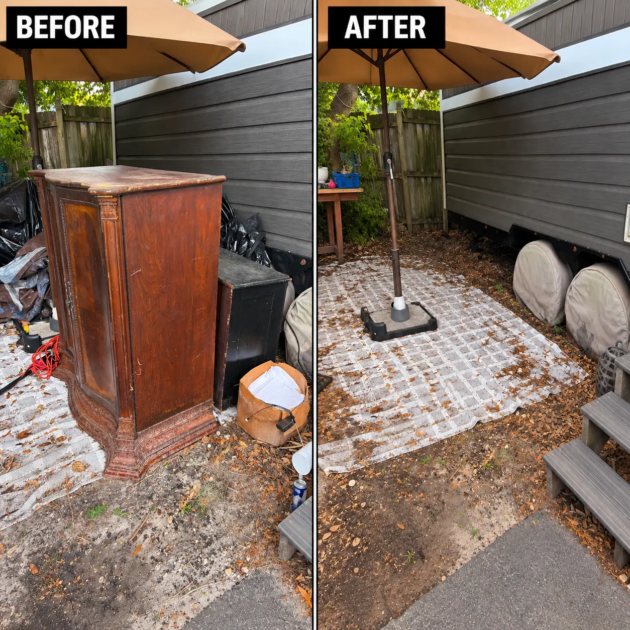 Before and after photos of a cluttered area beside a trailer: an old cabinet, boxes and loose junk on the left, the same space cleared down to just the patio mat and umbrella on the right