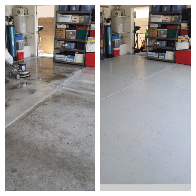 Before and after pressure washing a garage floor — dirty concrete transformed to clean, speckled finish
