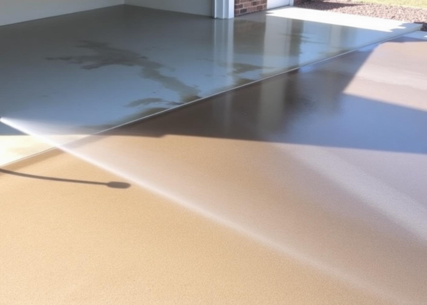 Pressure washing a driveway showing a clean stripe against dirty concrete